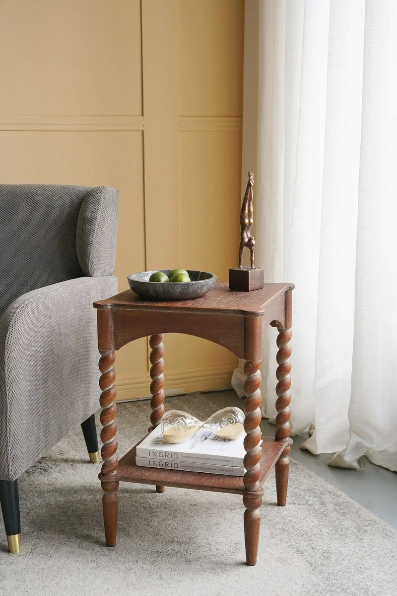 15.5x15.5x23.5' Distressed Brown Wood Side Table with Turned Spiral Legs and Lower Shelf by HouseOfZazla