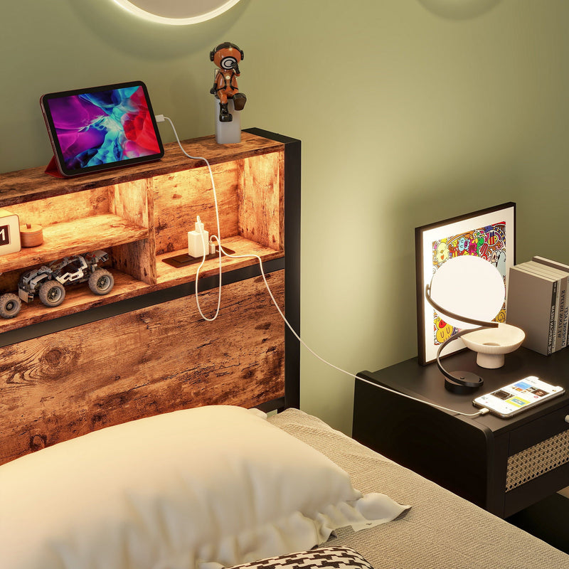 Modern Twin Size Metal Platform Bed Frame With Storage Headboard And Charging Station - Brown by HouseOfZazla