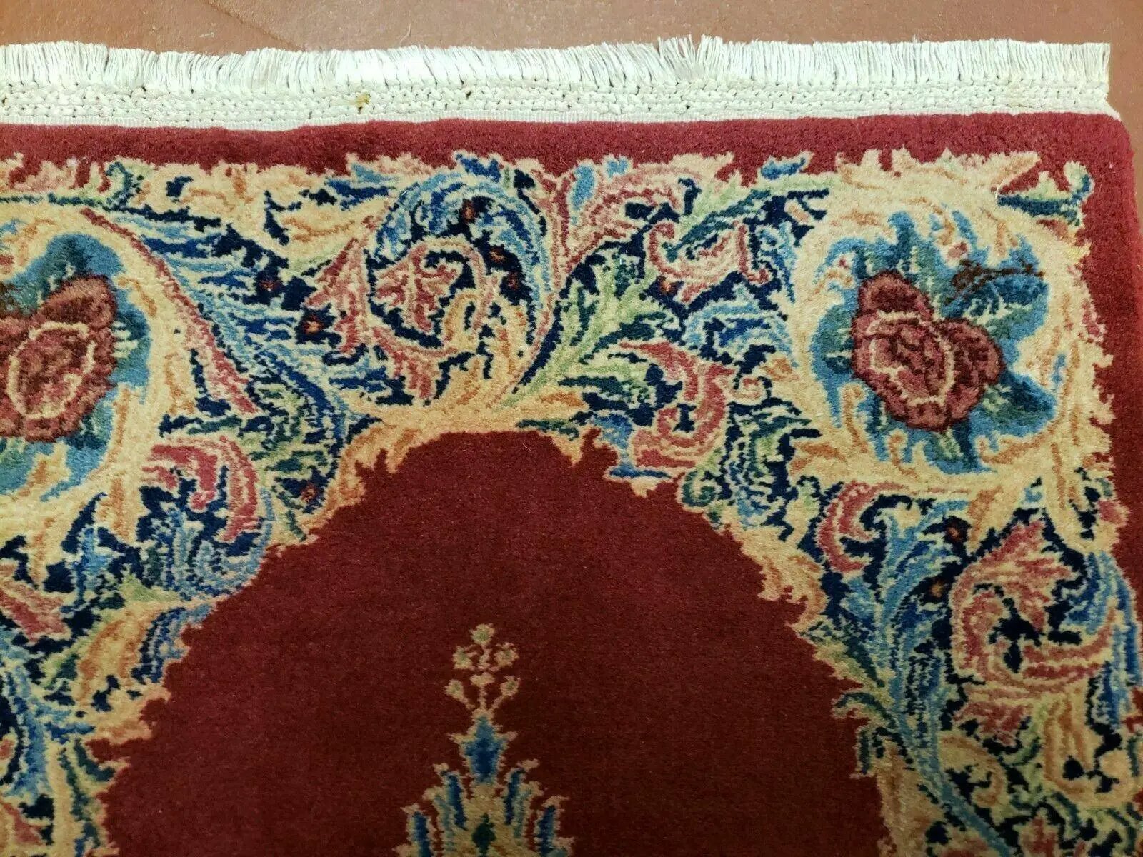Small Persian Kirman Rug 2x4, Wool Oriental Vintage Handmade Carpet, Hand Knotted Floral Medallion, Red & Beige, Semi Open Field by Jewel Rugs