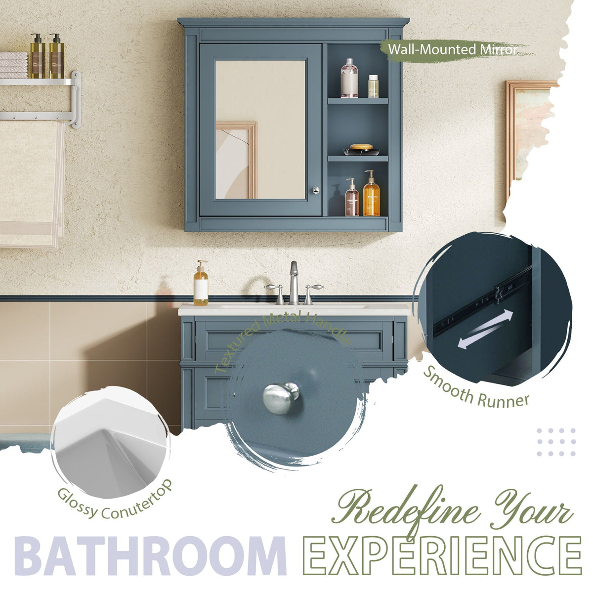 Bathroom Vanity With Medicine Cabinet, Royal Mirror Cabinet, Modern Bathroom Storage Cabinet With 2 Soft Closing Doors And 4 Drawers, photo 26 of 40