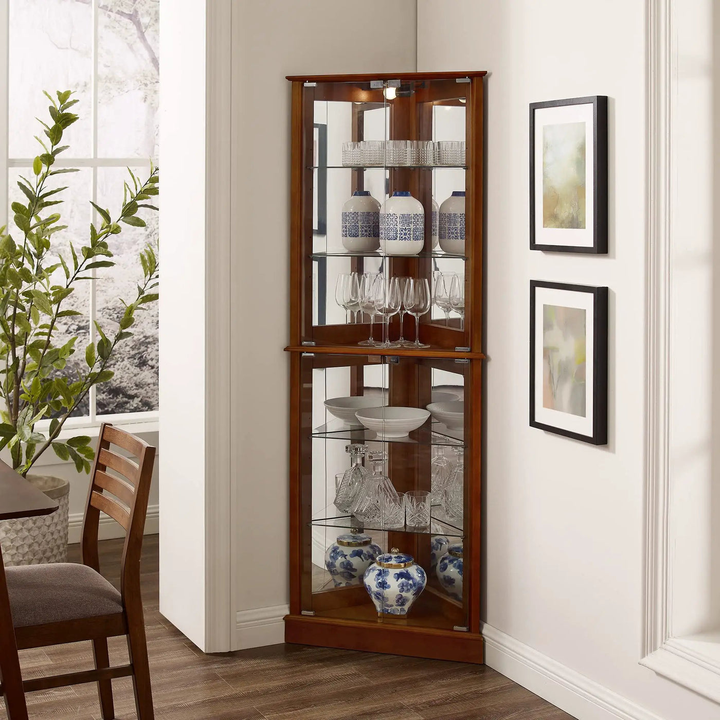 Corner Curio Dispaly Cabinet With Lights, Adjustable Tempered Glass Shelves, Mirrored Back (E26 Light Bulb Not Included) by HouseOfZazla