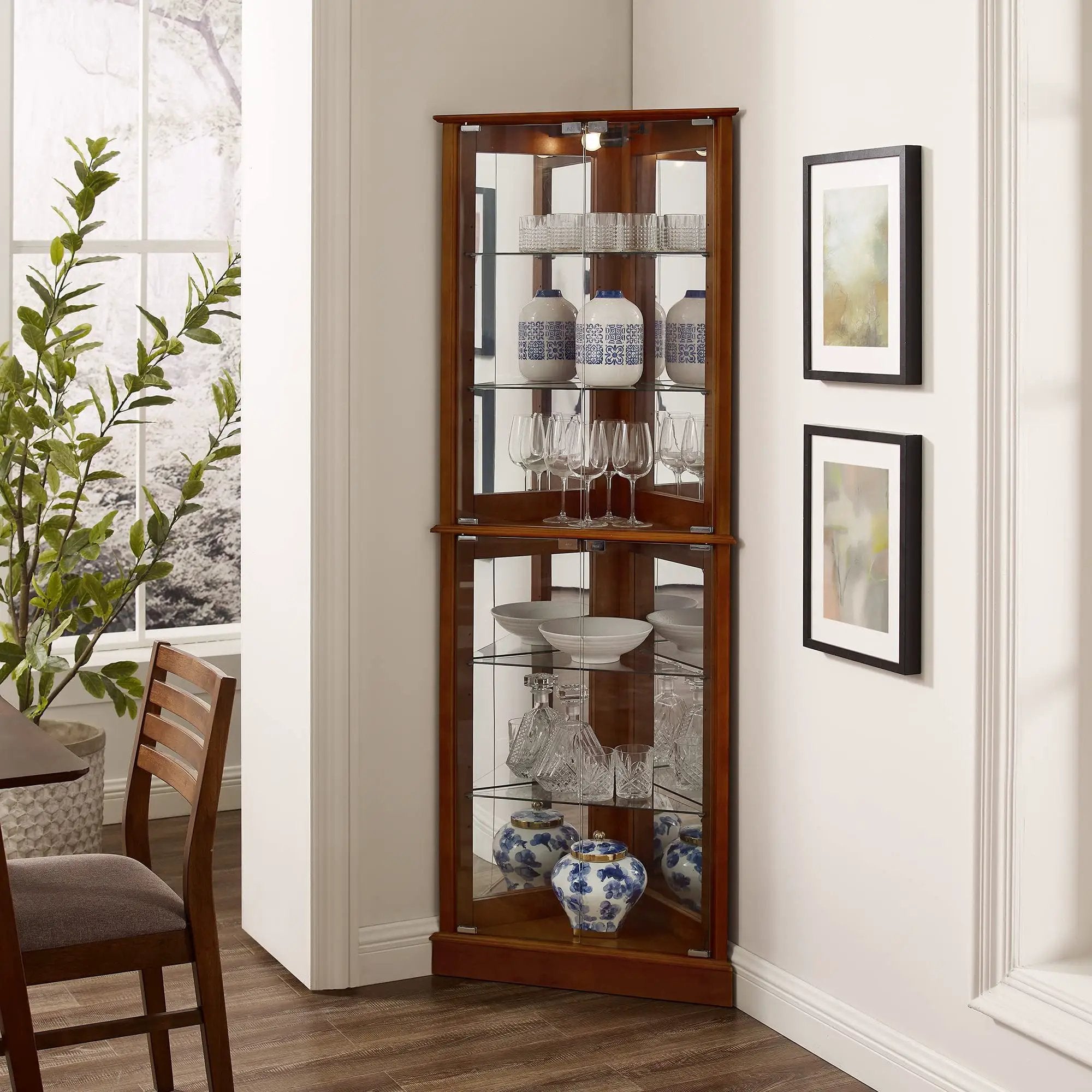 Corner Curio Dispaly Cabinet With Lights, Adjustable Tempered Glass Shelves, Mirrored Back (E26 Light Bulb Not Included) by HouseOfZazla
