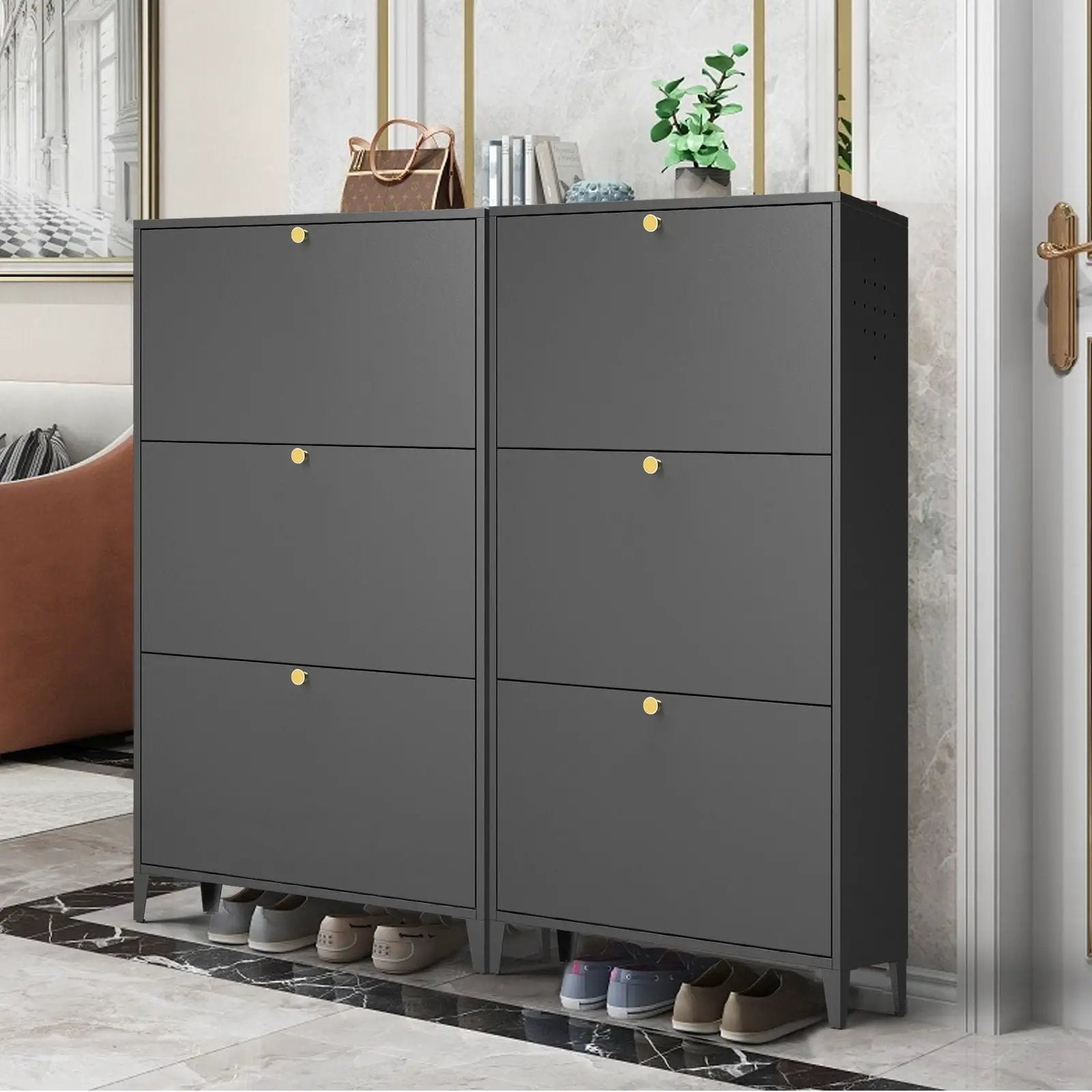 3 Drawer All Steel Shoe Cabinet, Freestanding Storage Organizer With Flip Door by Unique Piece Furniture