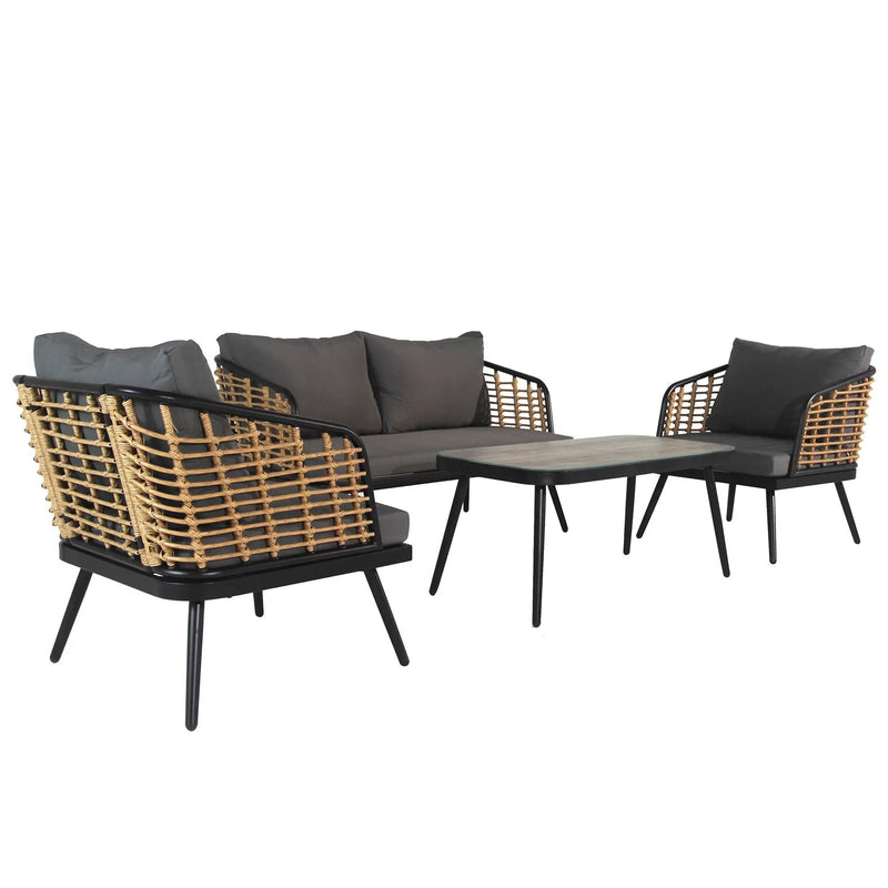 4 Pieces Patio Furniture Set, PE Rattan Wicker With Washable Cushion And Tempered Glass Tabletop, Conversation Furniture For Garden Poolside Balcony by HouseOfZazla