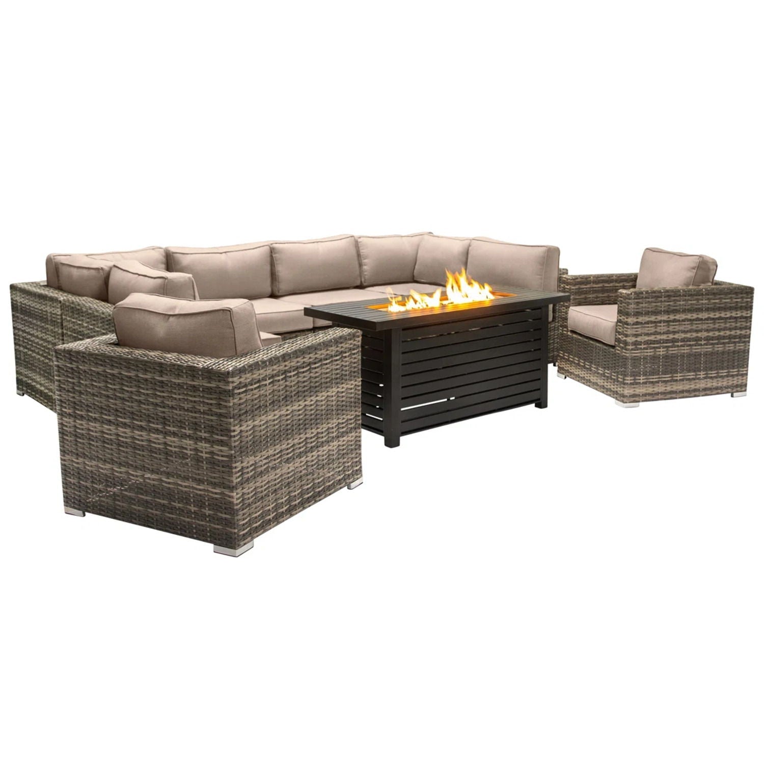 9 Piece Outdoor Sectional Set With Fire Pit Table And Cushions - Beige by HouseOfZazla