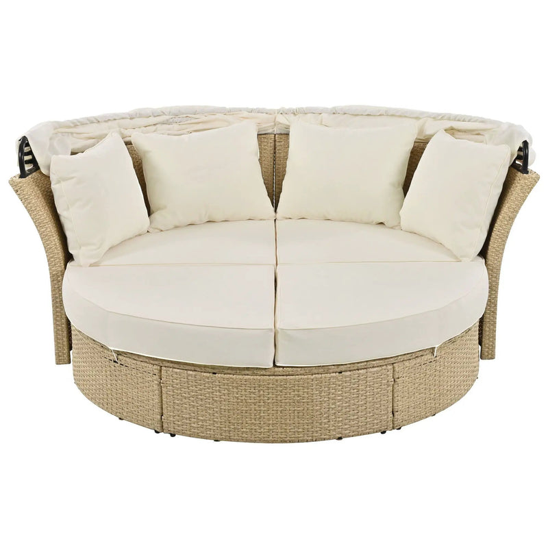Outdoor Patio Daybed Wicker Rattan Double Daybed Round Sofa Furniture Set With Retractable Canopy, 4 Pillows For Lawn Garden by HouseOfZazla