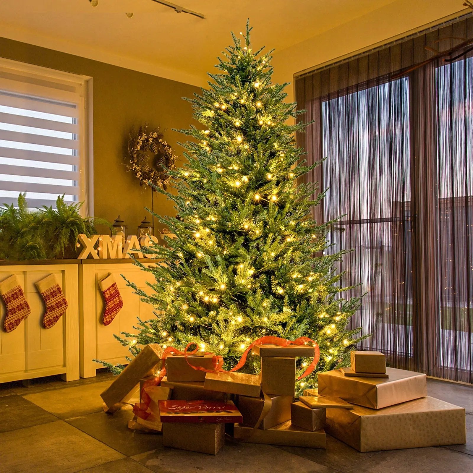 Pre-lit Christmas Tree with 280 Warm White LED Lights and 8 Lighting Modes by DirectDeals