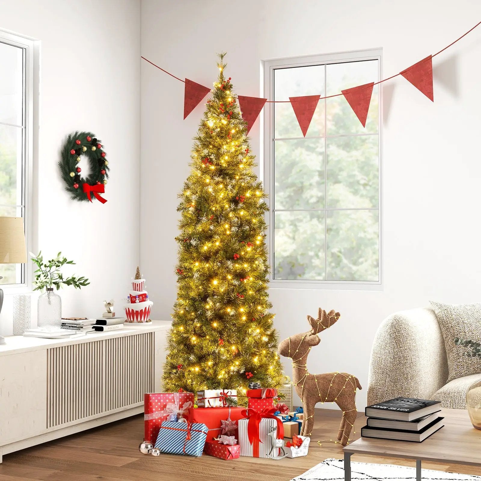 5/6/7/8/9 FT Pre-Lit Artificial Hinged Slim Pencil Christmas Tree by DirectDeals
