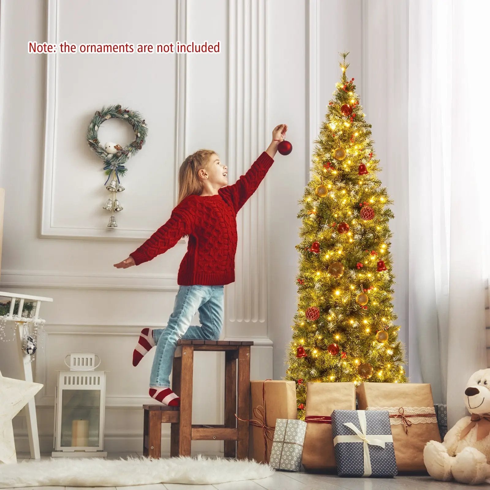 5/6/7/8/9 FT Pre-Lit Artificial Hinged Slim Pencil Christmas Tree by DirectDeals
