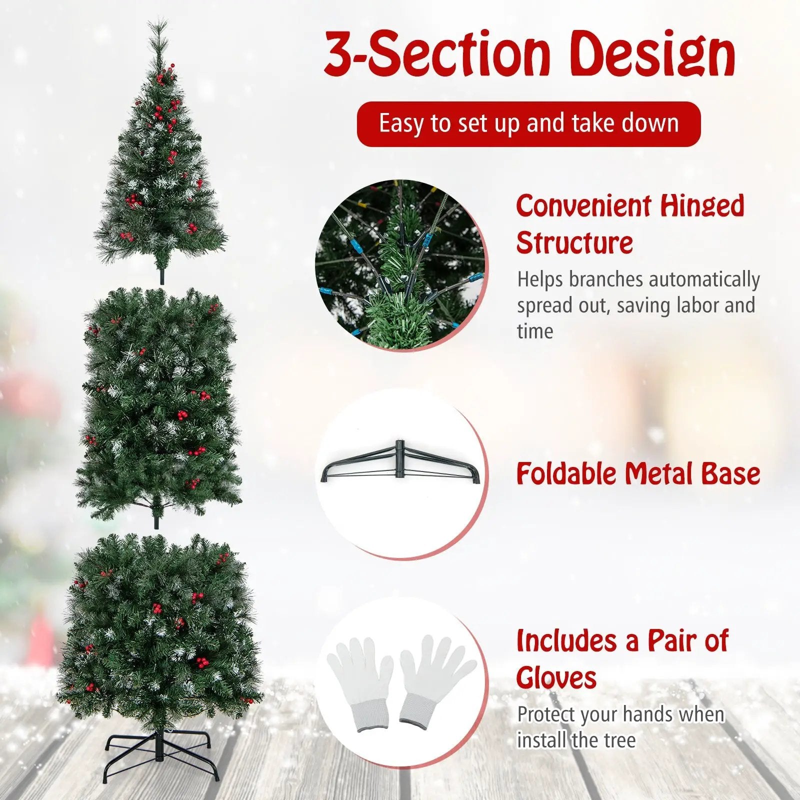 5/6/7/8/9 FT Pre-Lit Artificial Hinged Slim Pencil Christmas Tree by DirectDeals