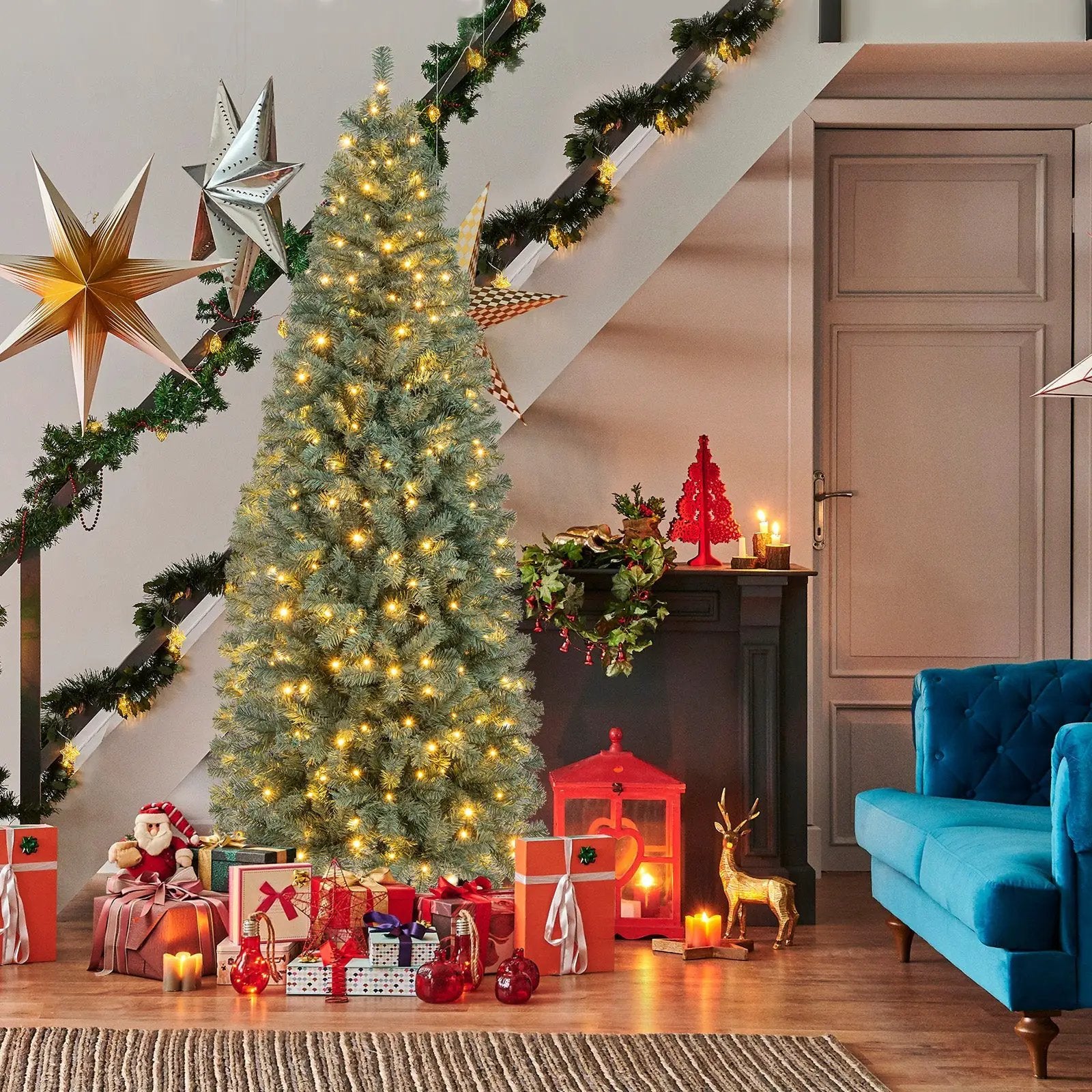 Pre-Lit Blue Artificial Christmas Tree Slim with 9 Lighting Modes by DirectDeals