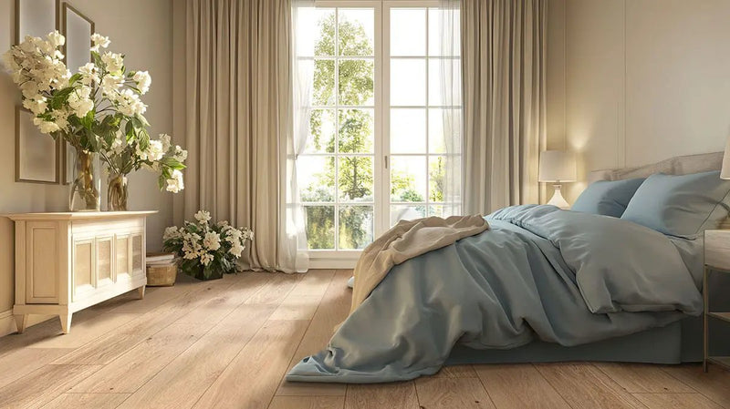 Mccarran Tualatin Blonde Brushed Quarter Round Wood Look Moldings 0.75x0.75 in a finished room