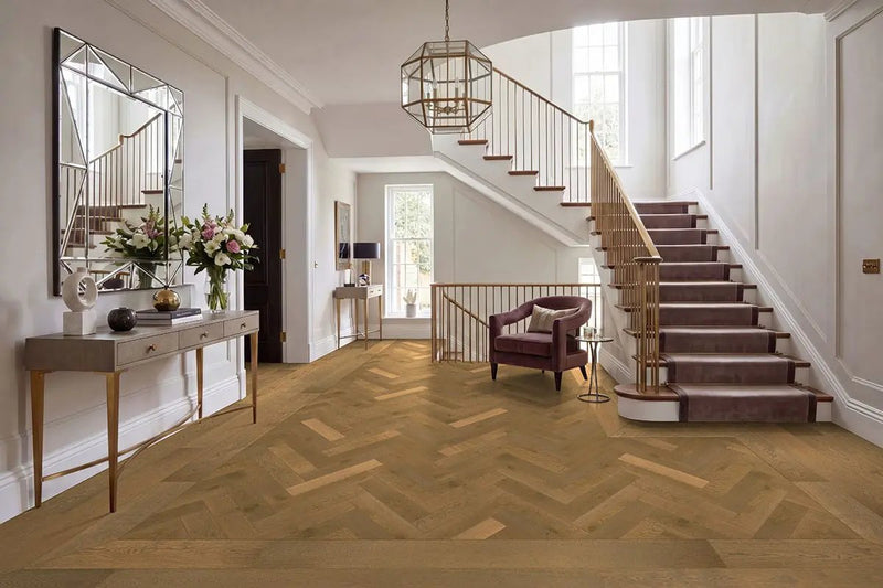 Mccarran Herringbone Wayland Matte Wood Look Planks 5x24 in a finished room