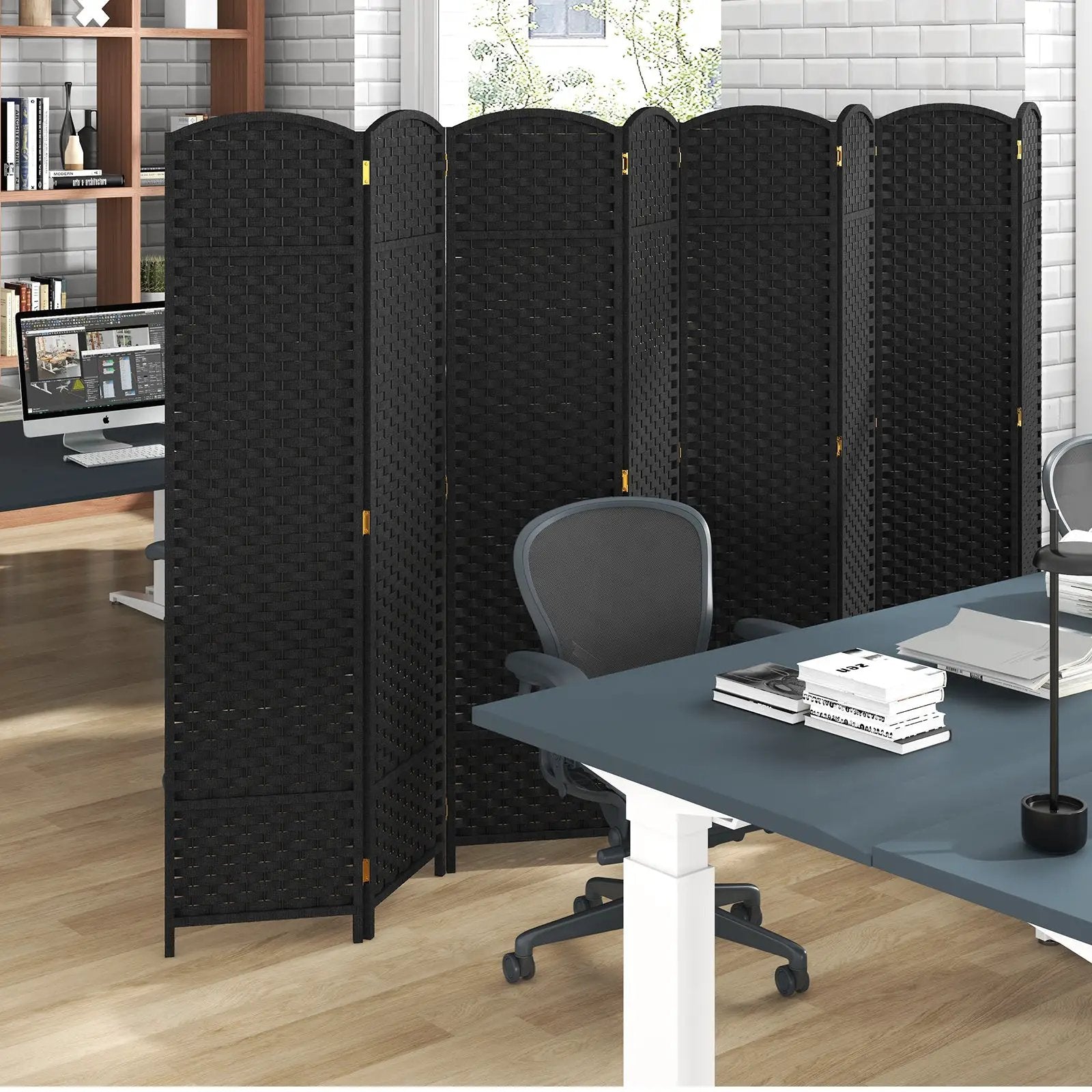 8-Panel Folding Room Divider with Hand-woven Texture and Wood Frame by DirectDeals
