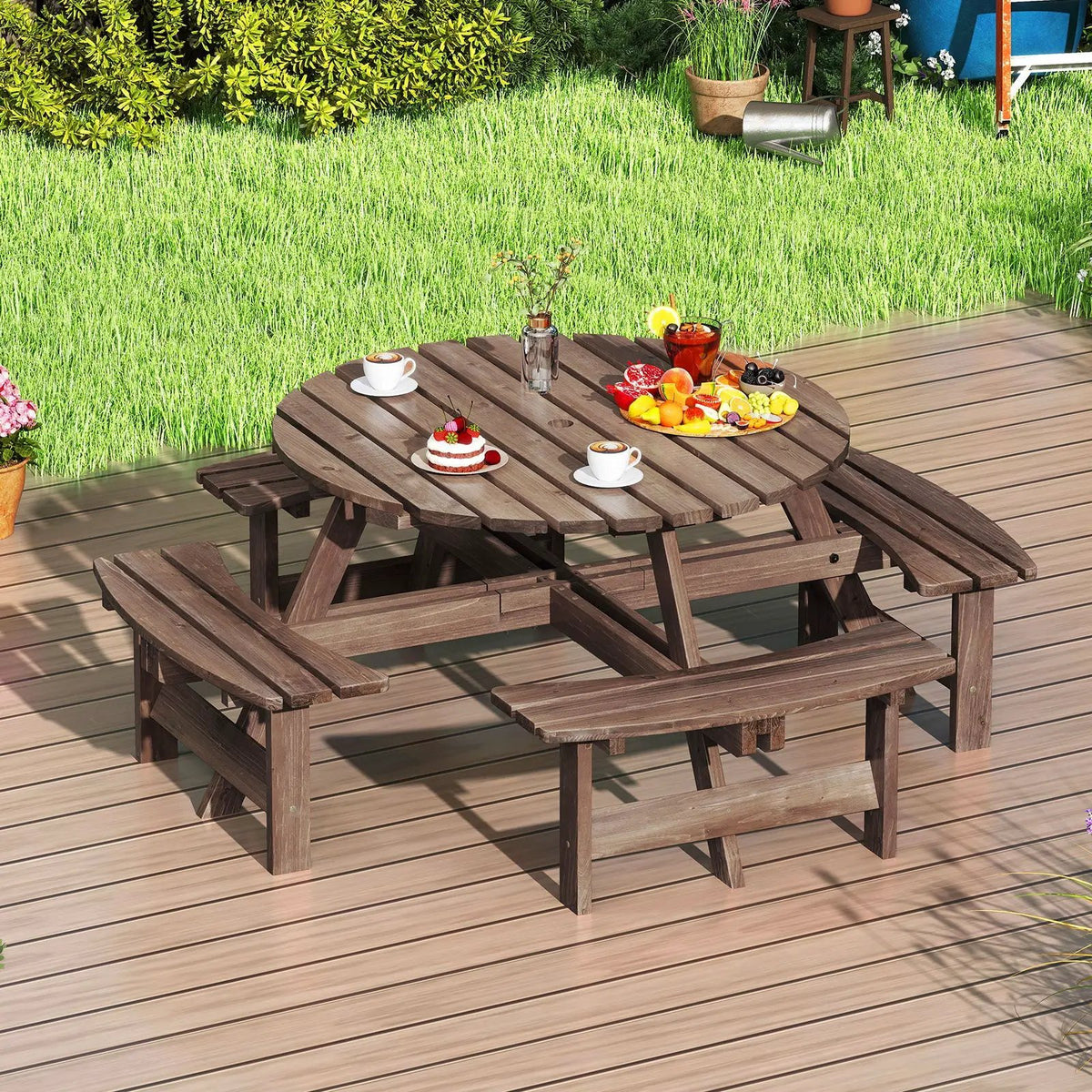 8-Person Round Picnic Table Set Circular Patio Dining Camping Table with Benches by DirectDeals