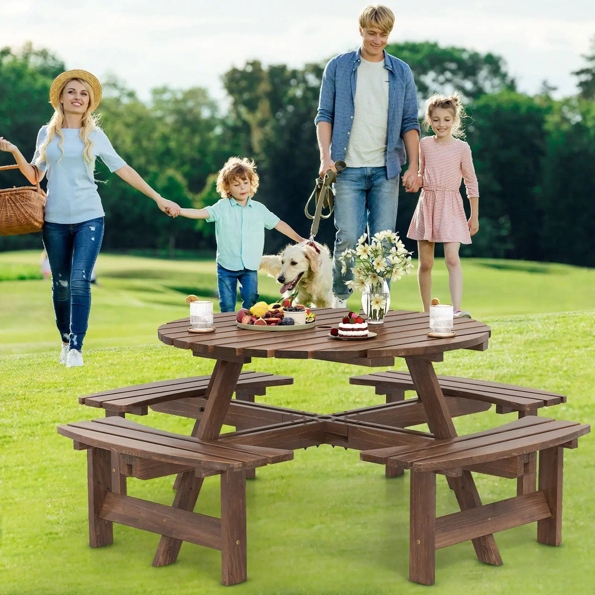 8-Person Round Picnic Table Set Circular Patio Dining Camping Table with Benches by DirectDeals