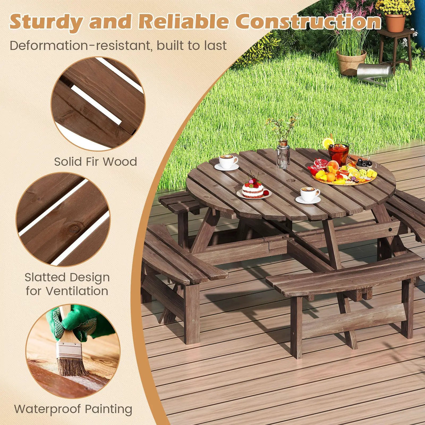 8-Person Round Picnic Table Set Circular Patio Dining Camping Table with Benches by DirectDeals