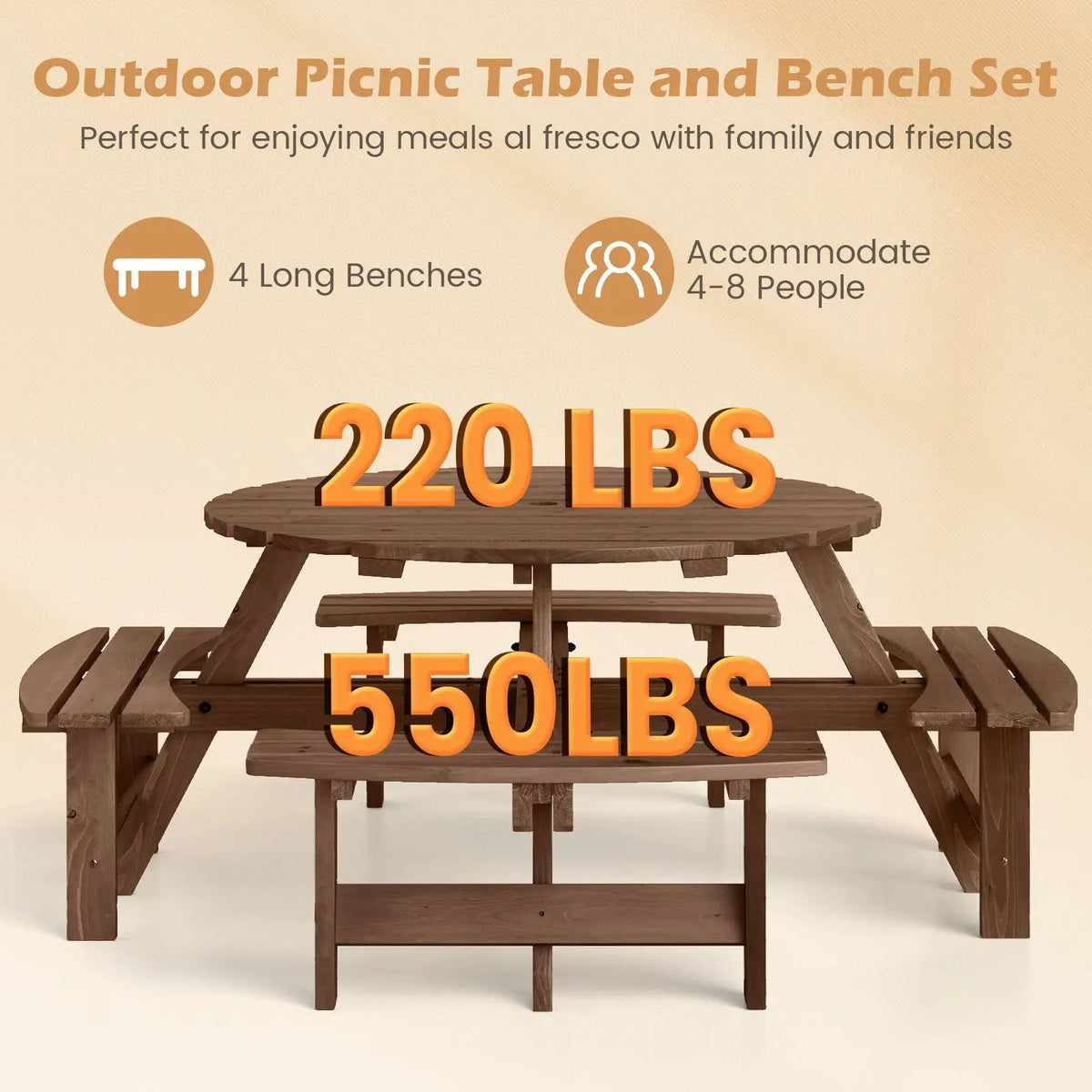 8-Person Round Picnic Table Set Circular Patio Dining Camping Table with Benches by DirectDeals