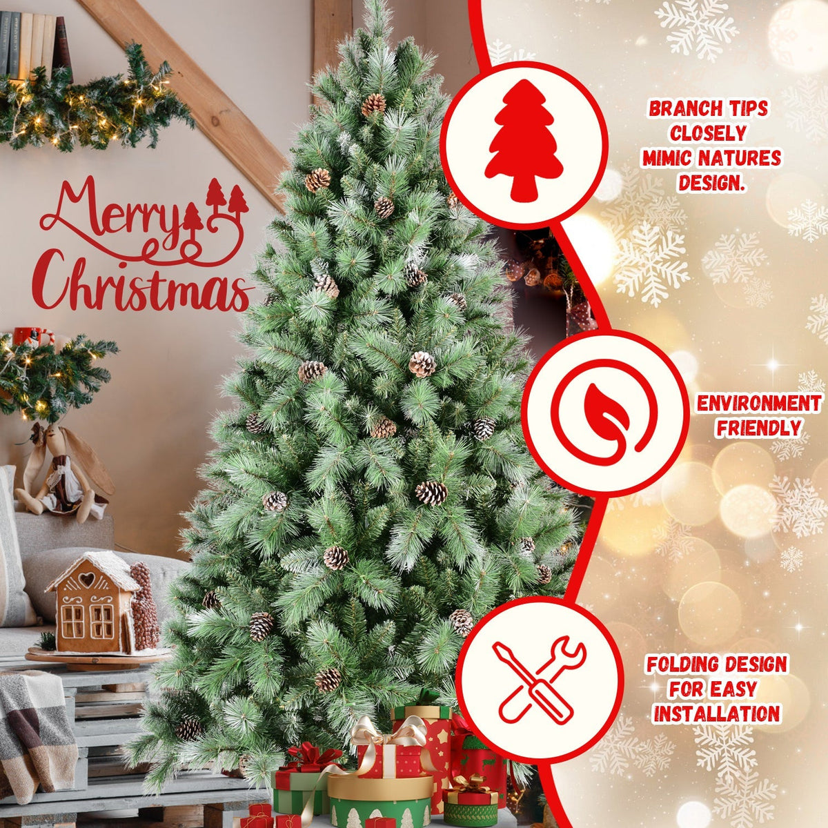 8 Ft Full-Bodied Pre-Decorated Pinecone Christmas Tree with Pine Cones - Green, photo 3 of 20