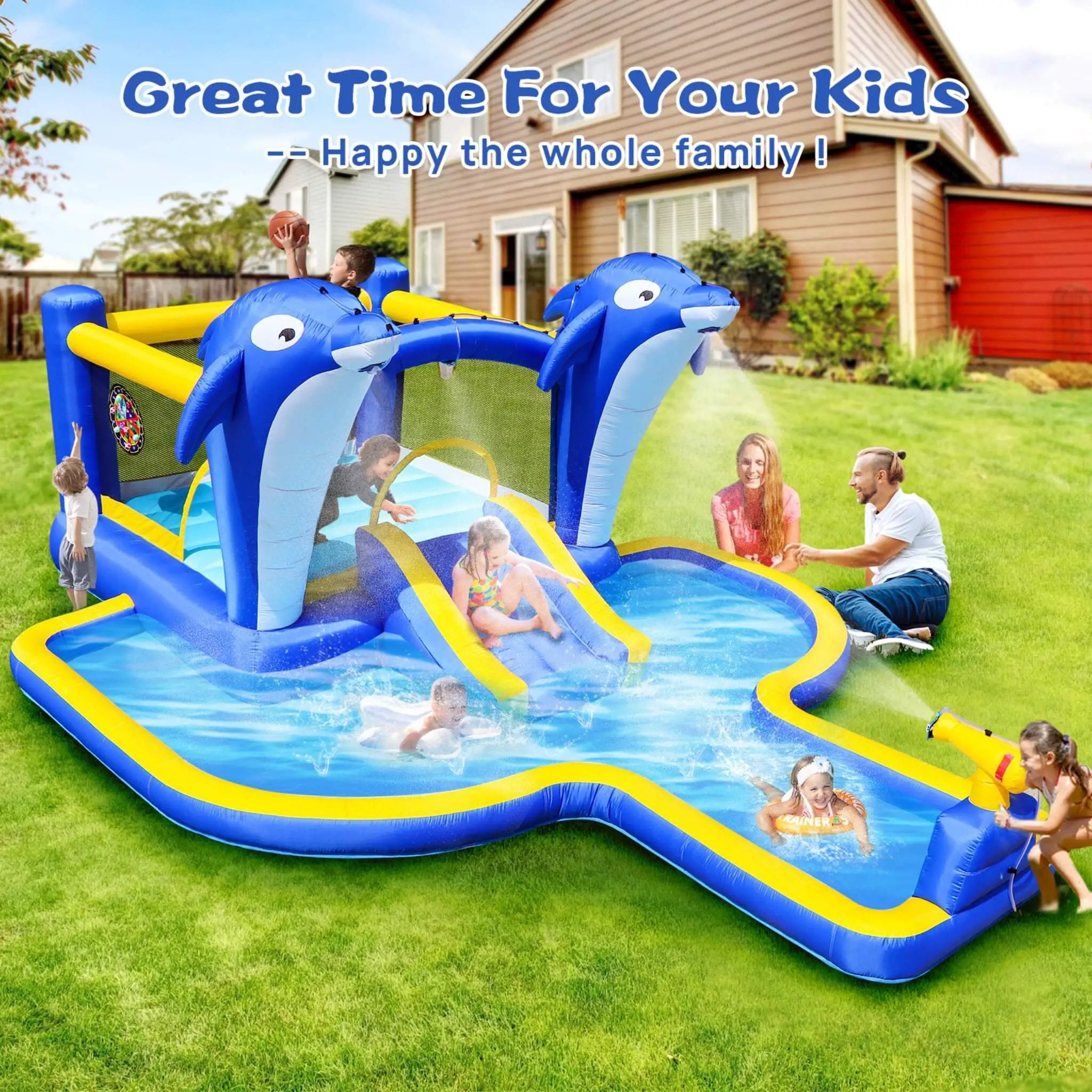 8-In-1 Inflatable Water Park Bounce House with Sprinkler, Water Gun, And Basketball Hoop (SAK38152) by SAKSBY WHOLESALE