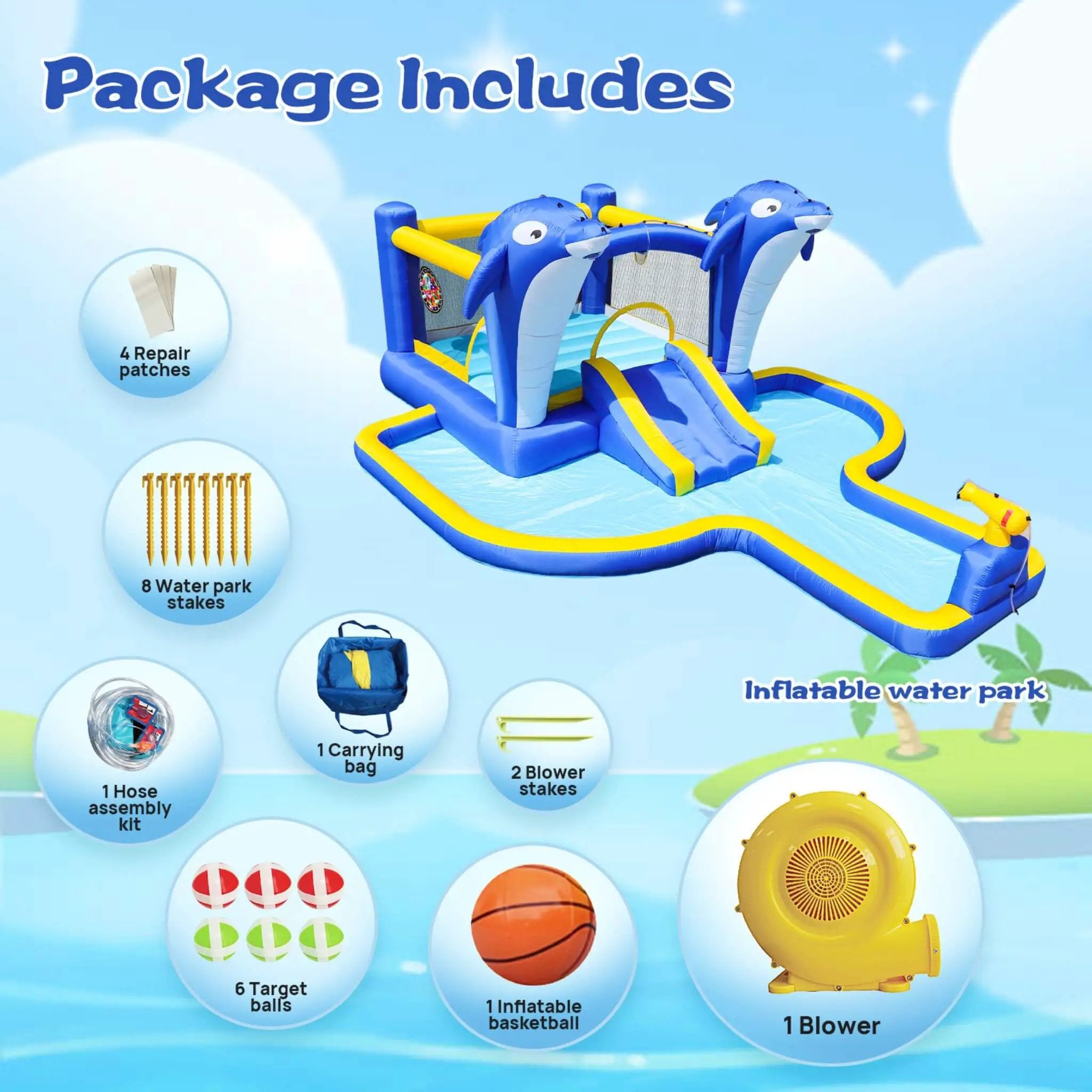 8-In-1 Inflatable Water Park Bounce House with Sprinkler, Water Gun, And Basketball Hoop (SAK38152) by SAKSBY WHOLESALE