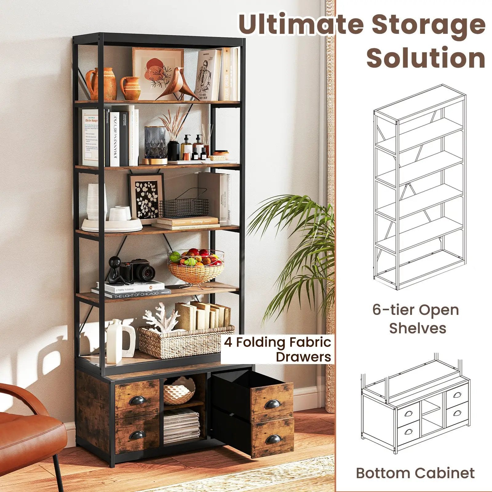 8-tier Bookshelf with 4 Fabric Drawers and Heavy-duty Metal Frame-Coffee by DirectDeals