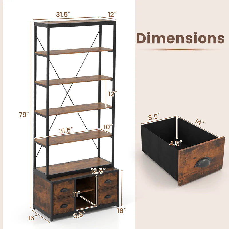 8-tier Bookshelf with 4 Fabric Drawers and Heavy-duty Metal Frame-Coffee by DirectDeals