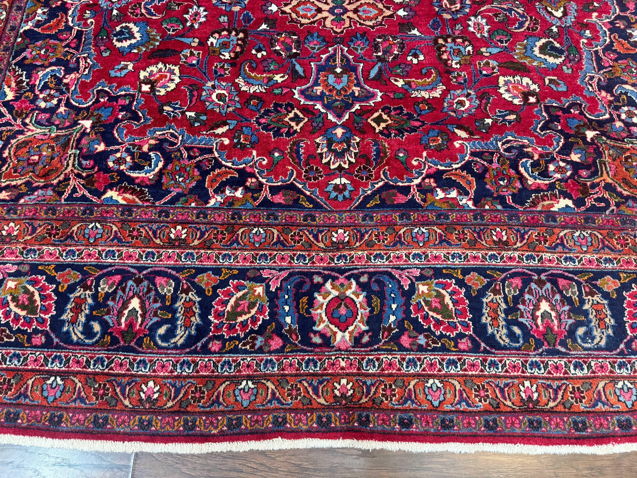 Antique Persian Mashad Rug 10x13, Red and Navy Blue, Great Colors, Signed By Masterweaver, Floral Medallion, Handmade Wool Persian Carpet by Jewel Rugs