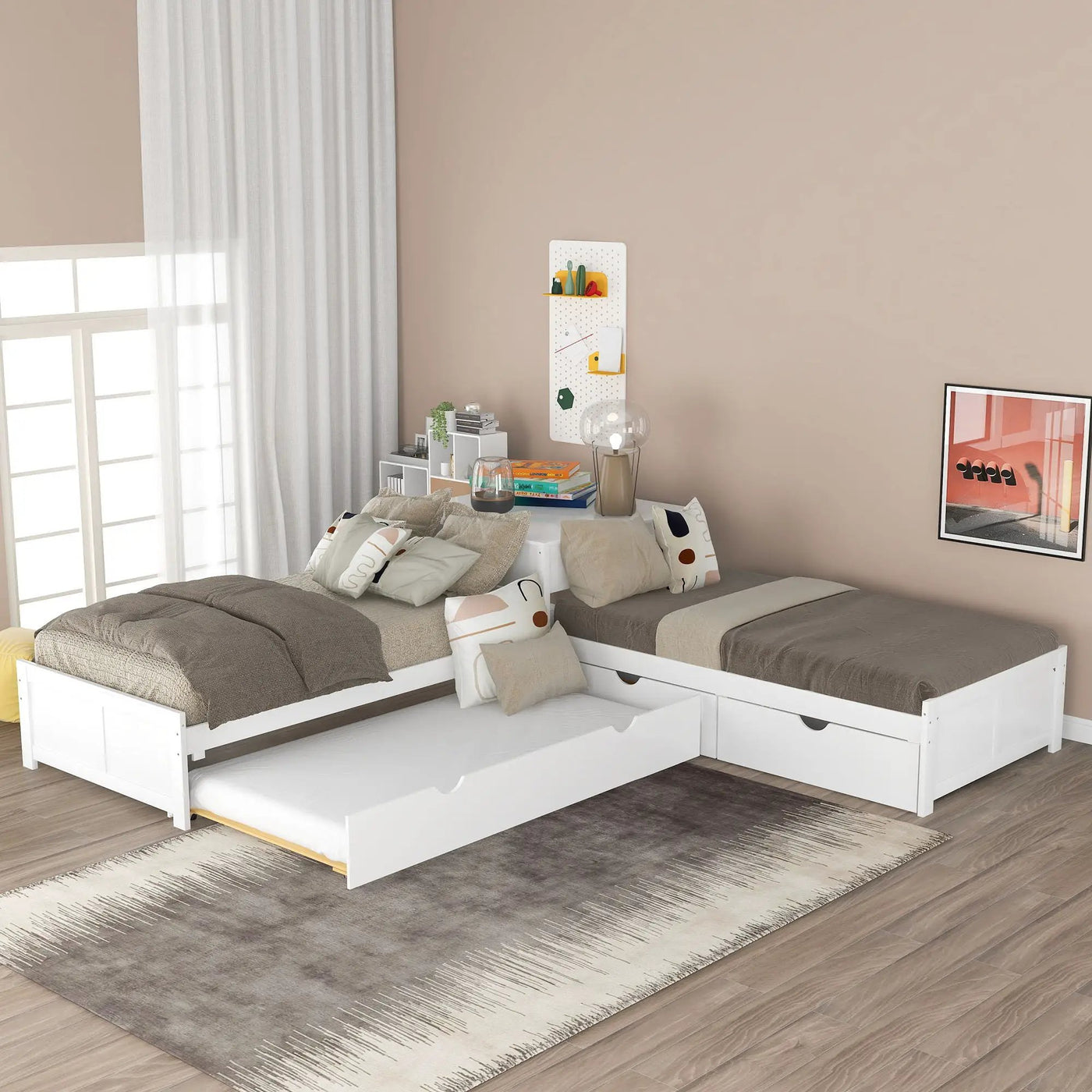 L Shaped Platform Bed With Trundle And Drawers Linked With Built In Desk by HouseOfZazla