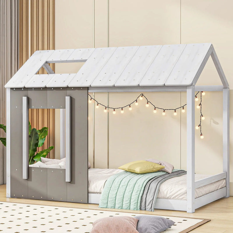 Twin Size House Platform Bed With Roof And Window - Natural / White by HouseOfZazla