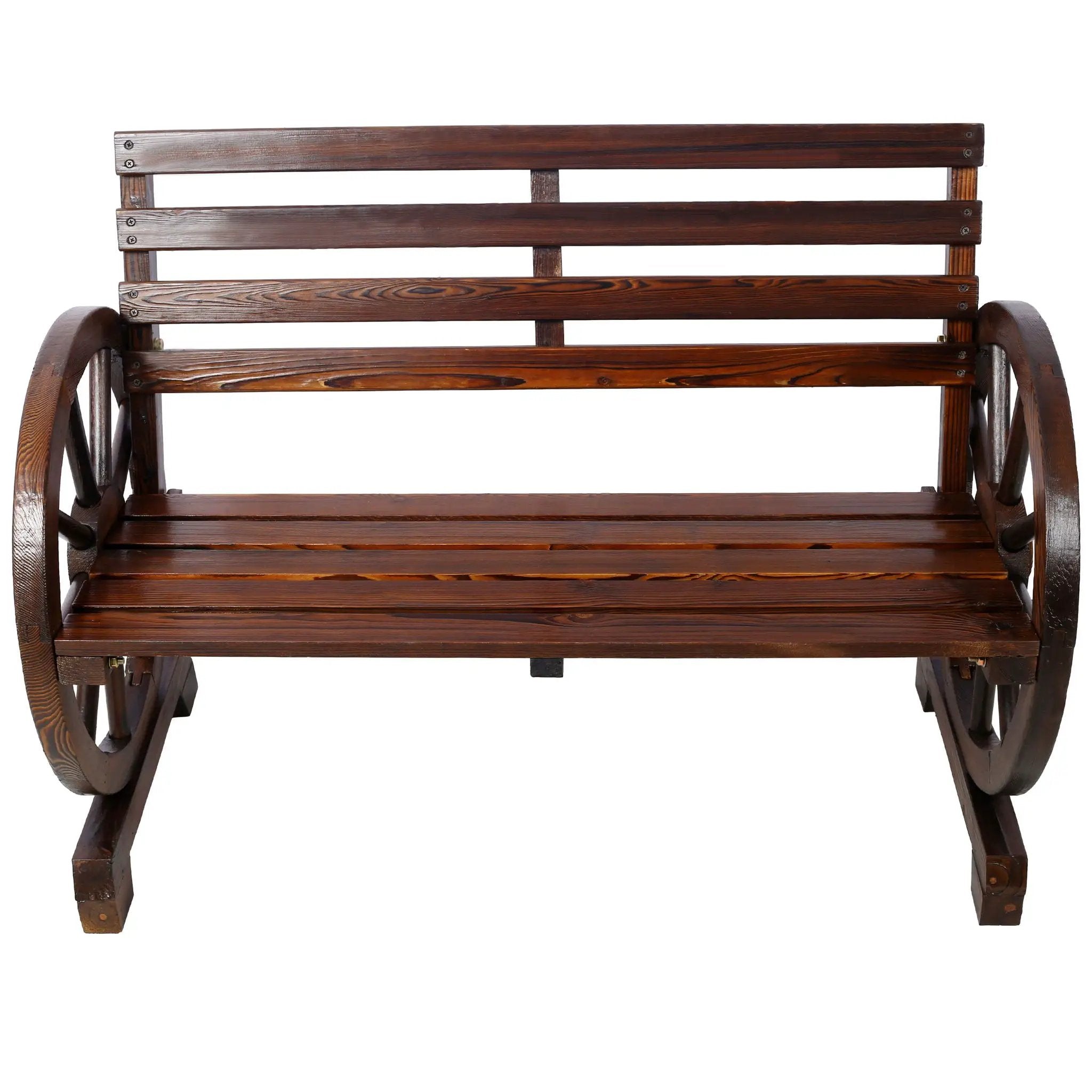Rustic Country 2 Person Wooden Wagon Wheel Bench With Slatted Seat And Backrest - Brown by HouseOfZazla