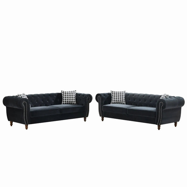Chesterfield Upholstery Fabric Sofa With Roll Armrest & Nailhead, Mid Century Modern 3 And 3 Seater Couch