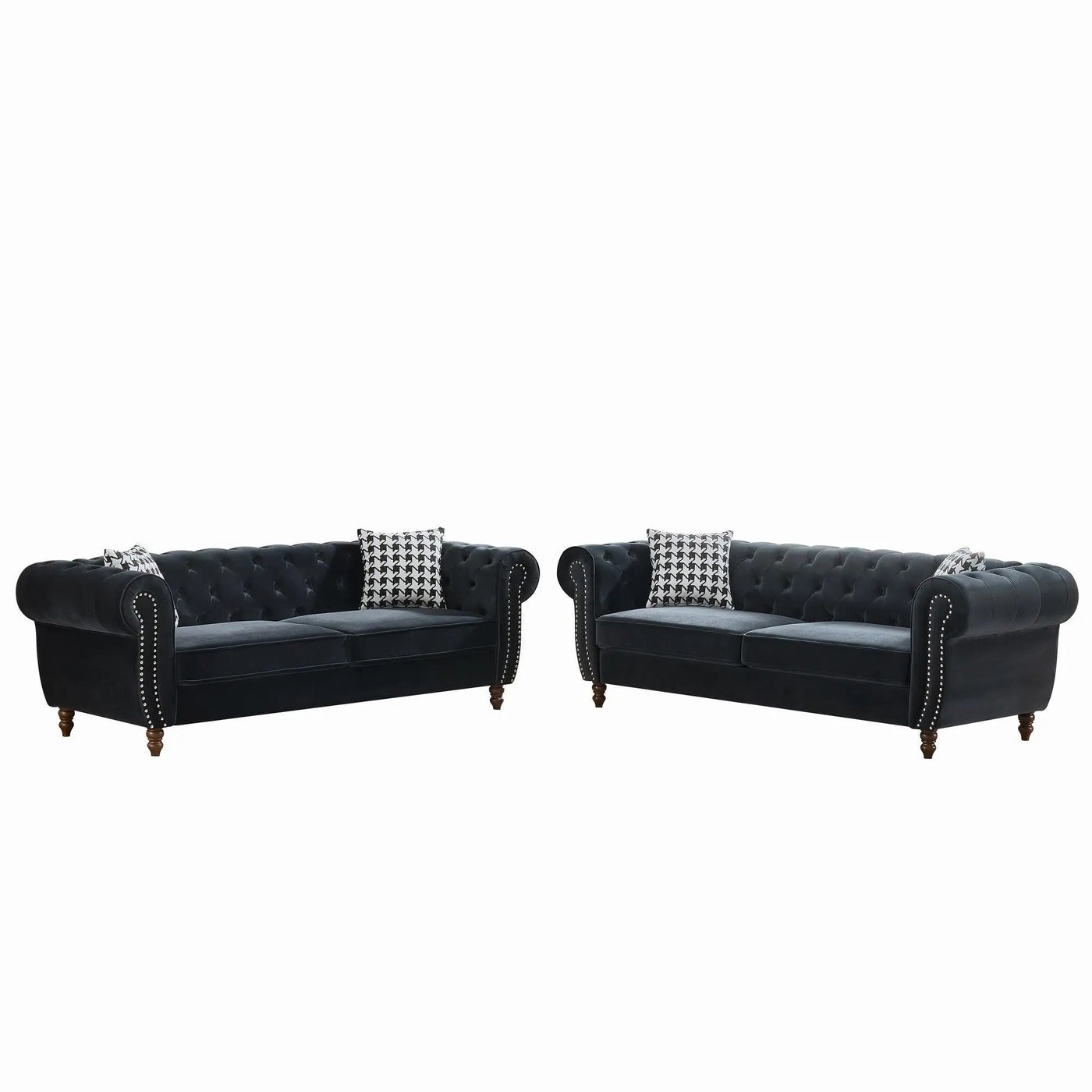Chesterfield Upholstery Fabric Sofa With Roll Armrest & Nailhead, Mid Century Modern 3 And 3 Seater Couch by HouseOfZazla