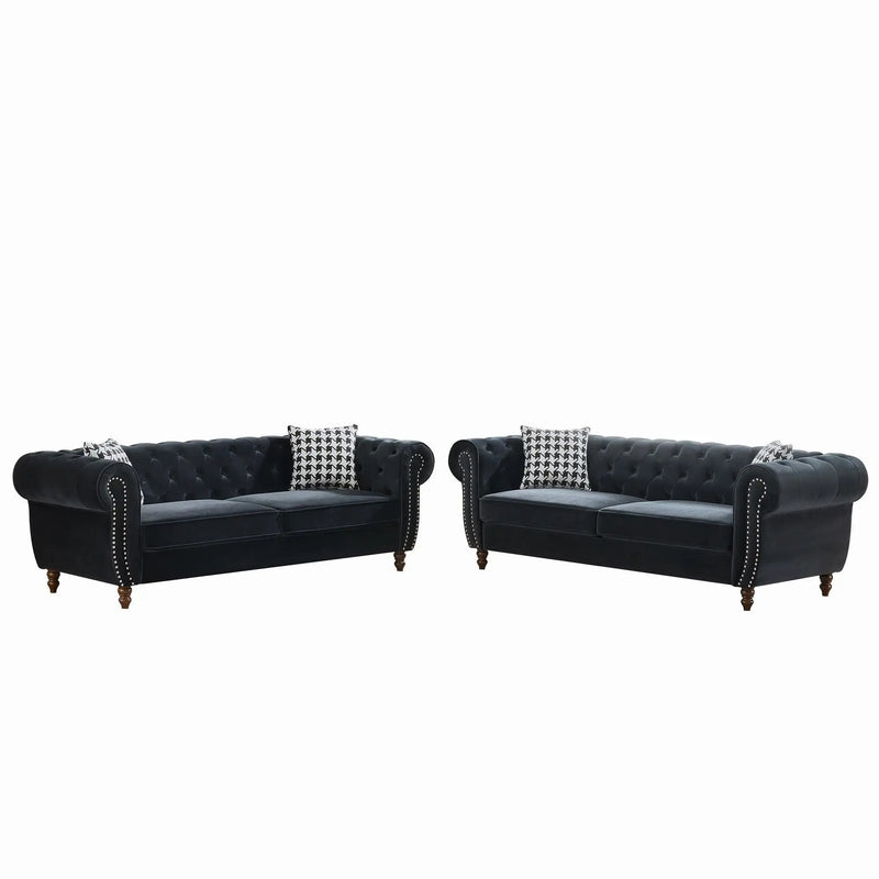 Chesterfield Upholstery Fabric Sofa With Roll Armrest & Nailhead, Mid Century Modern 3 And 3 Seater Couch by HouseOfZazla