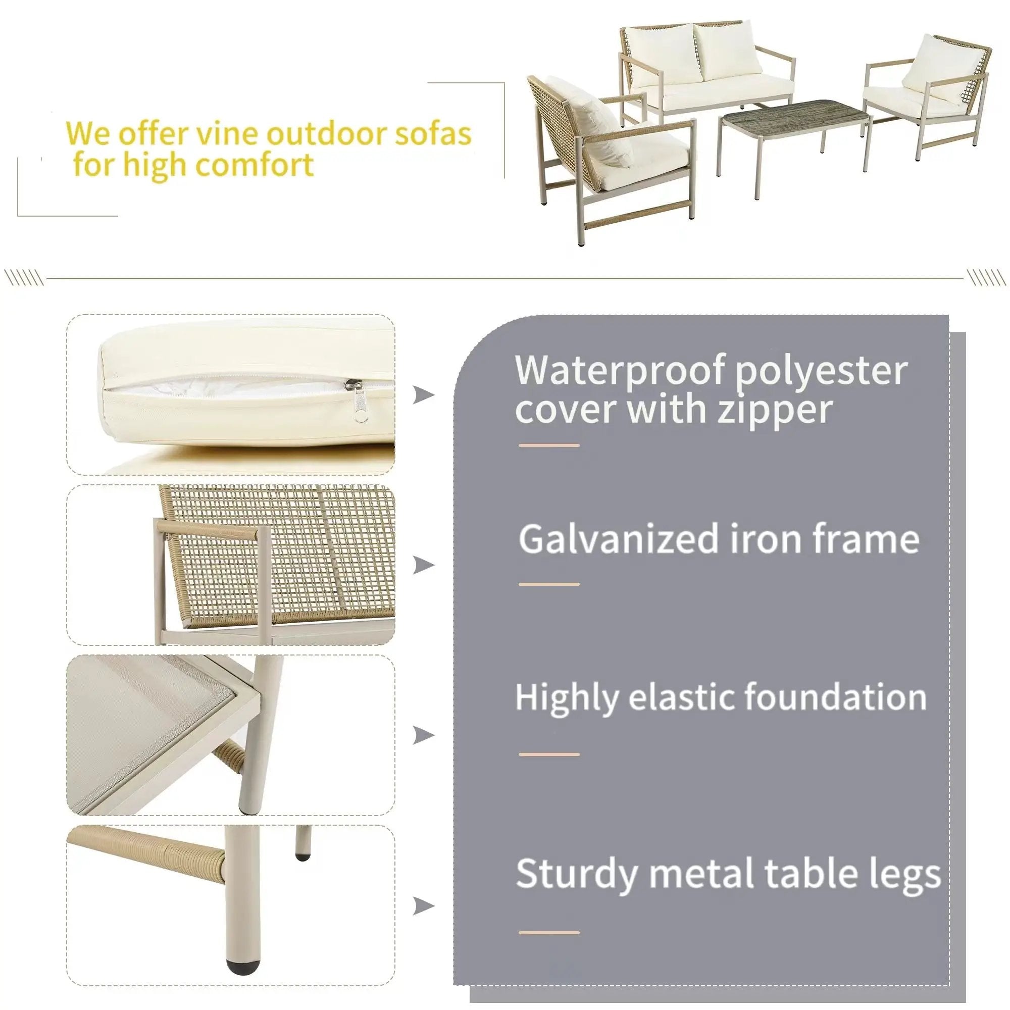 4 Pieces Patio Furniture Set, PE Rattan Wicker With Washable Cushion And Tempered Glass Tabletop, Conversation Furniture For Garden Poolside Balcony by HouseOfZazla