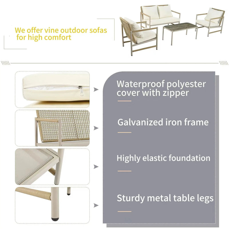 4 Pieces Patio Furniture Set, PE Rattan Wicker With Washable Cushion And Tempered Glass Tabletop, Conversation Furniture For Garden Poolside Balcony by HouseOfZazla