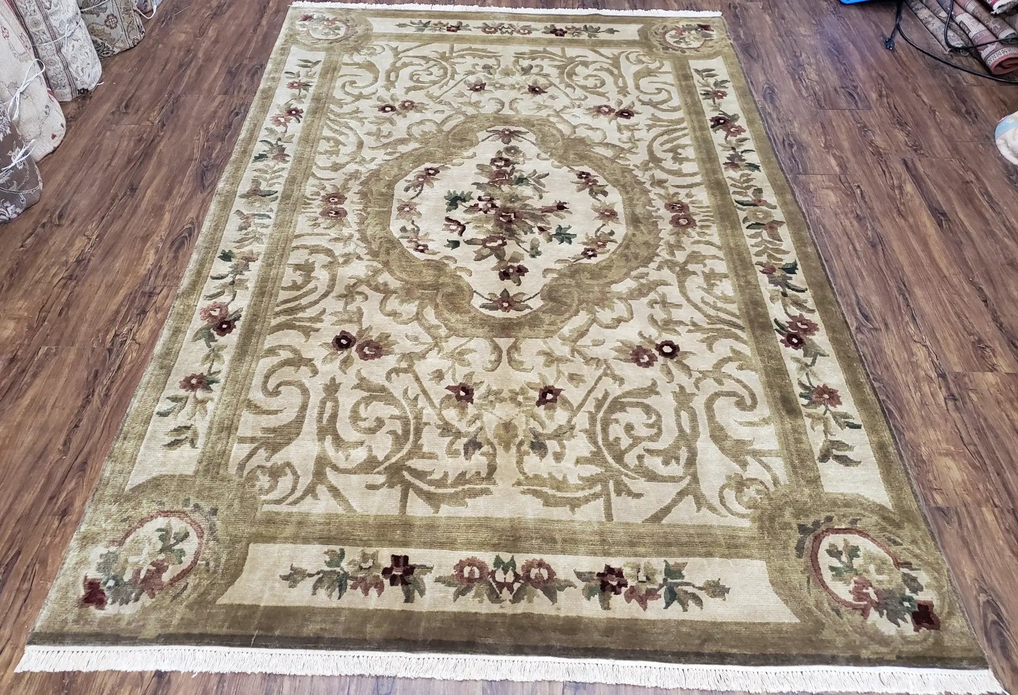 Vintage Nepali Tibetan Aubusson Rug 6x9, Wool Hand-Knotted Cream Beige