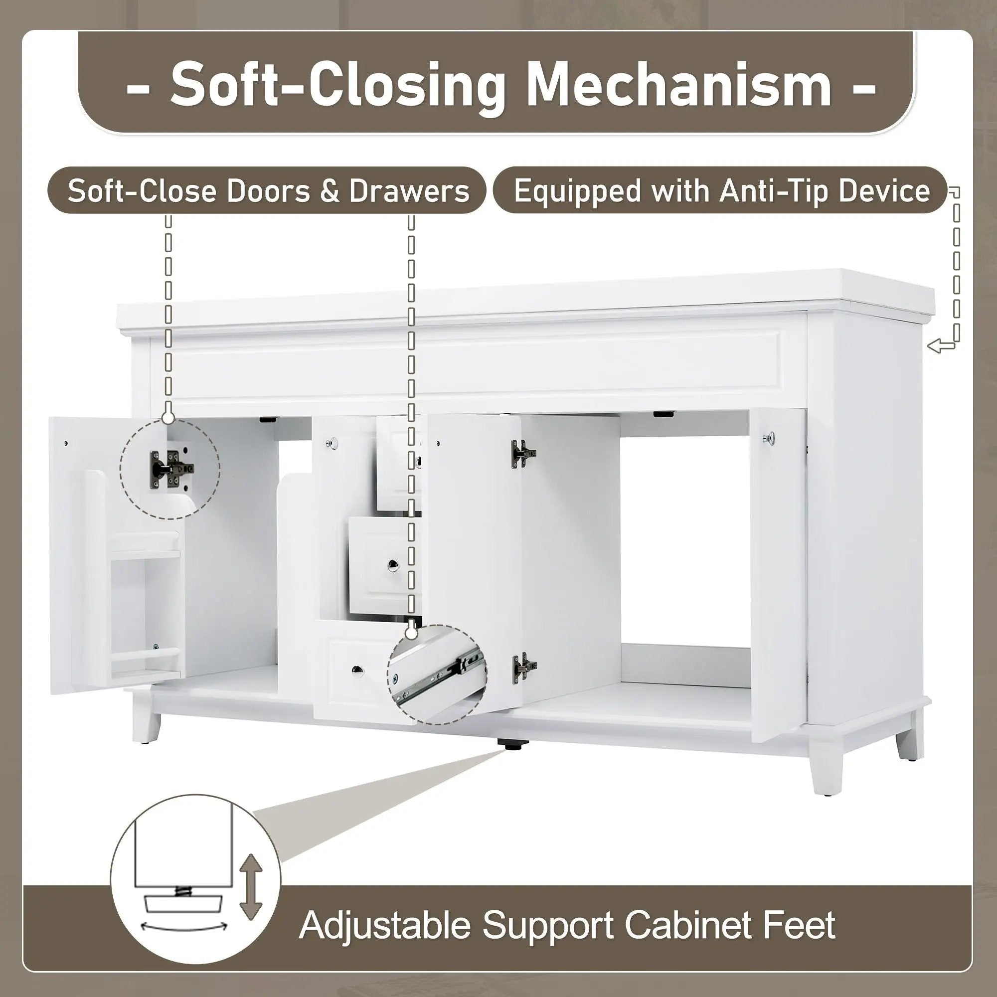Bathroom Vanity With Double Sinks, 3 Drawers & 4 Doors - White