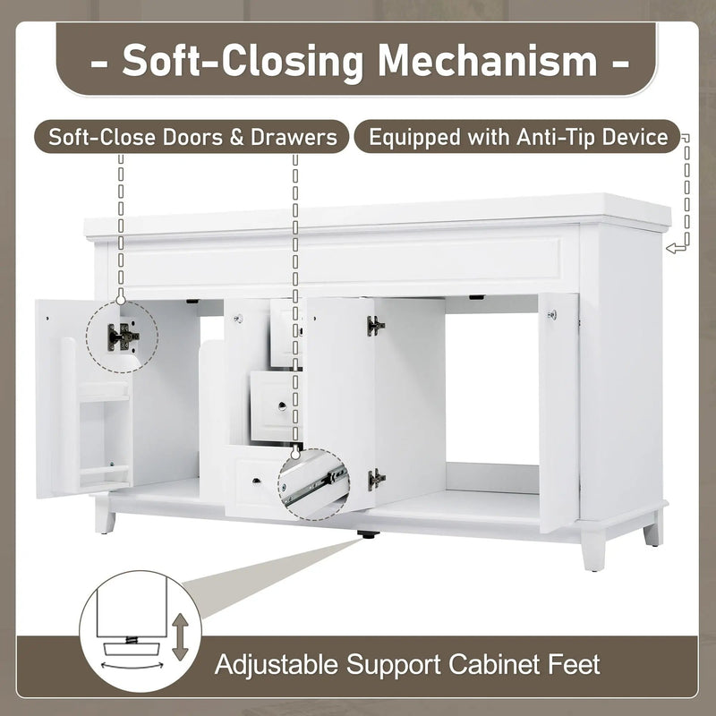 Bathroom Vanity With Double Sinks, 3 Drawers & 4 Doors - White