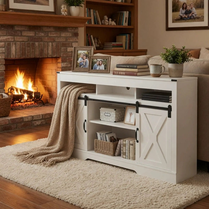 Farmhouse TV Stand With Sliding Barn Doors & Adjustable Storage by HouseOfZazla