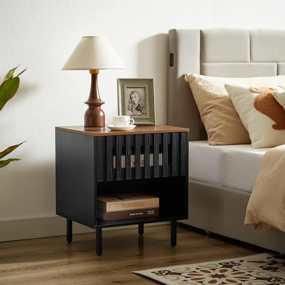 Set of 2 Mid Century Modern Nightstand with Grille Striped Doors, by BLAKHOM