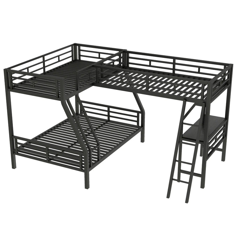 Twin Over Full Bunk Bed With Loft And Desk, L-Shaped Design For 3 Sleepers - Black by HouseOfZazla