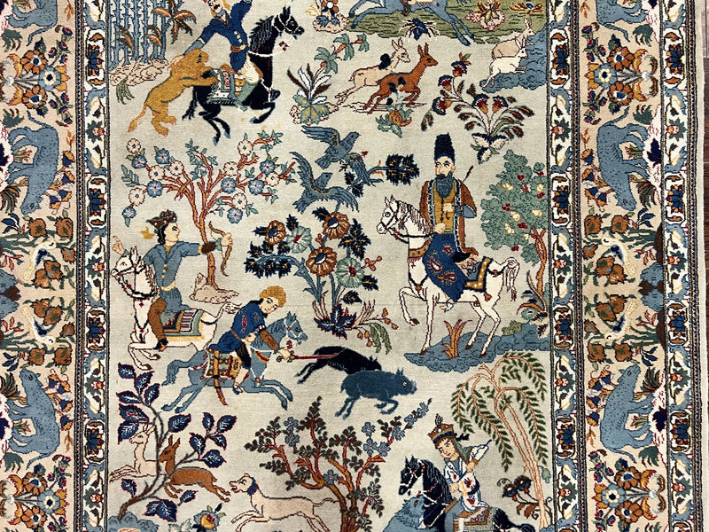 Persian Kashan Pictorial Rug 4.6 x 7, Hunting Scene, Signed by Masterweaver, Animal Pictorials, Rare, Handmade, Wool, Vintage, Very Fine by Jewel Rugs