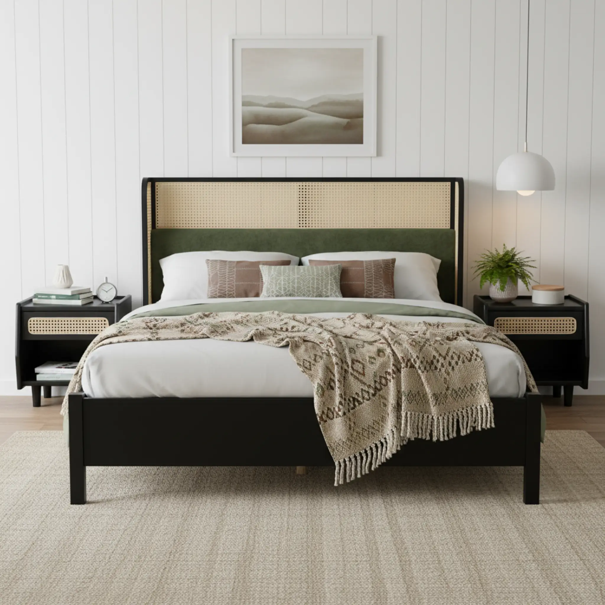 King Size Bed Frame with Black Frame and Green Upholstered Headboard by HouseOfZazla