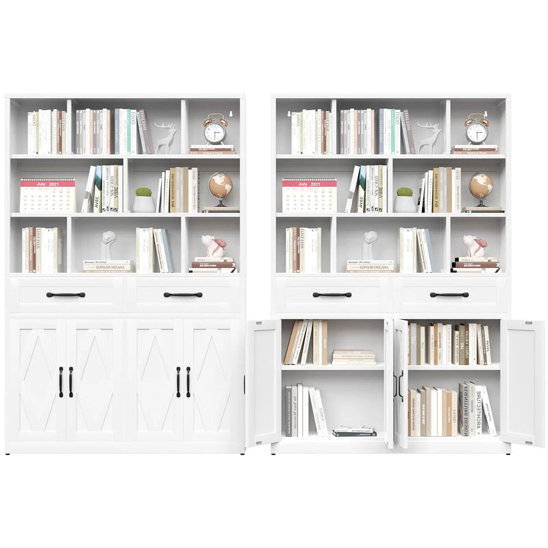 Bookcase Tall With 2 Doors & 2 Drawers, Fixed Open Shelves - White by HouseOfZazla