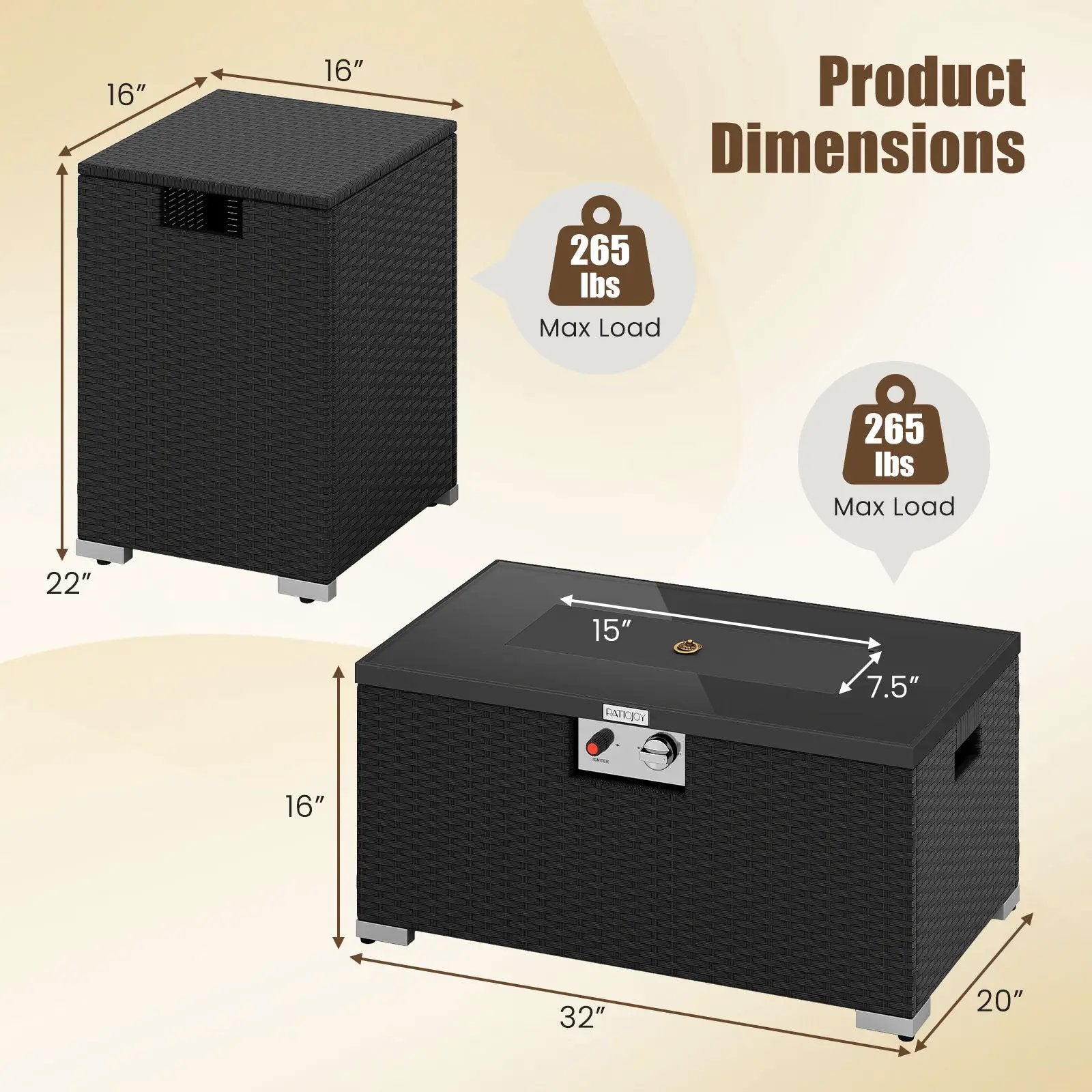 2-Piece Outdoor Rattan Fire Table Set 32 Inch Rectangle Gas Firepit with Tank Cover by DirectDeals