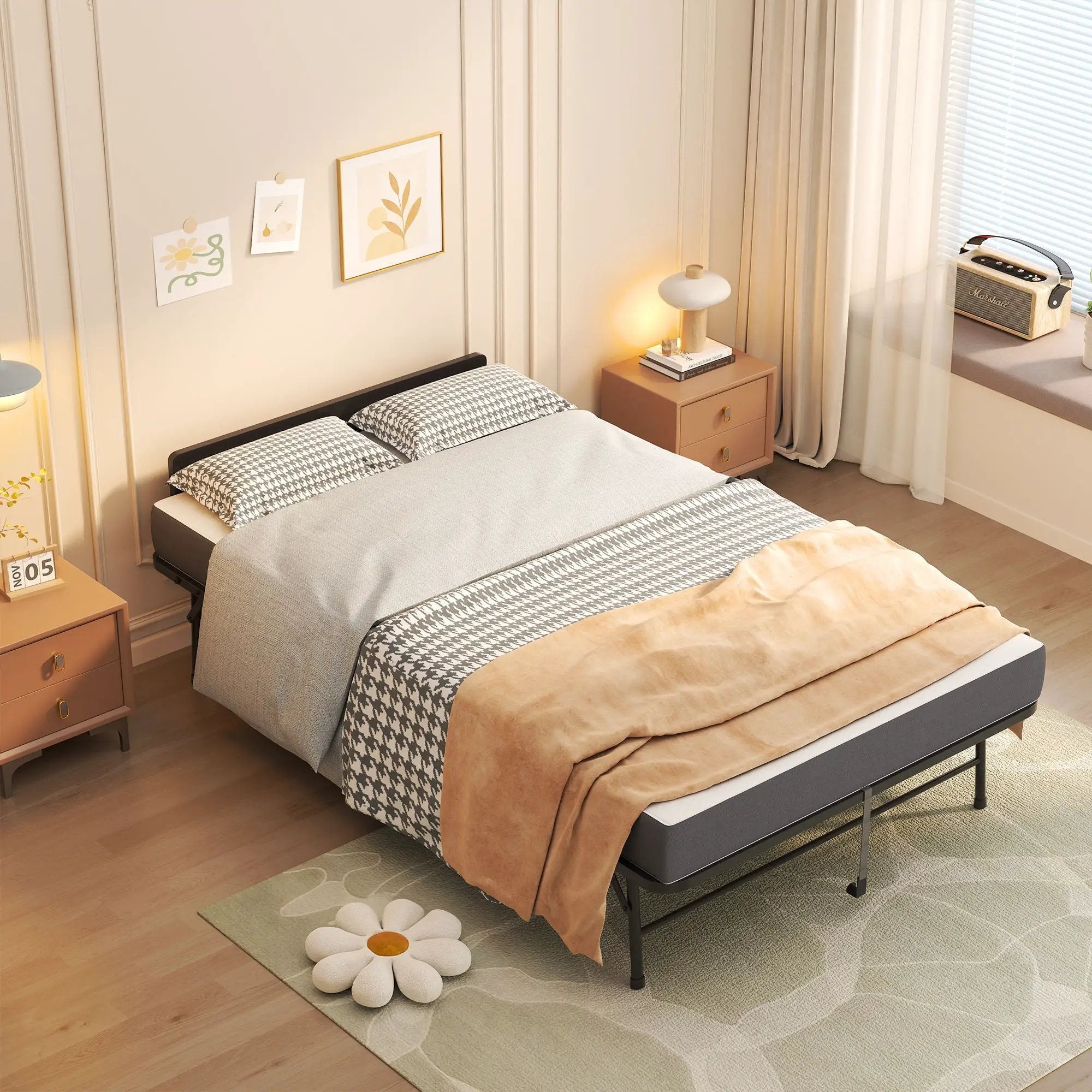 Twin Wide Folding Bed With Adjustable Headboard, Extra Long Rollaway For Tall People, Memory Foam Mattress - Black by Unique Piece Furniture