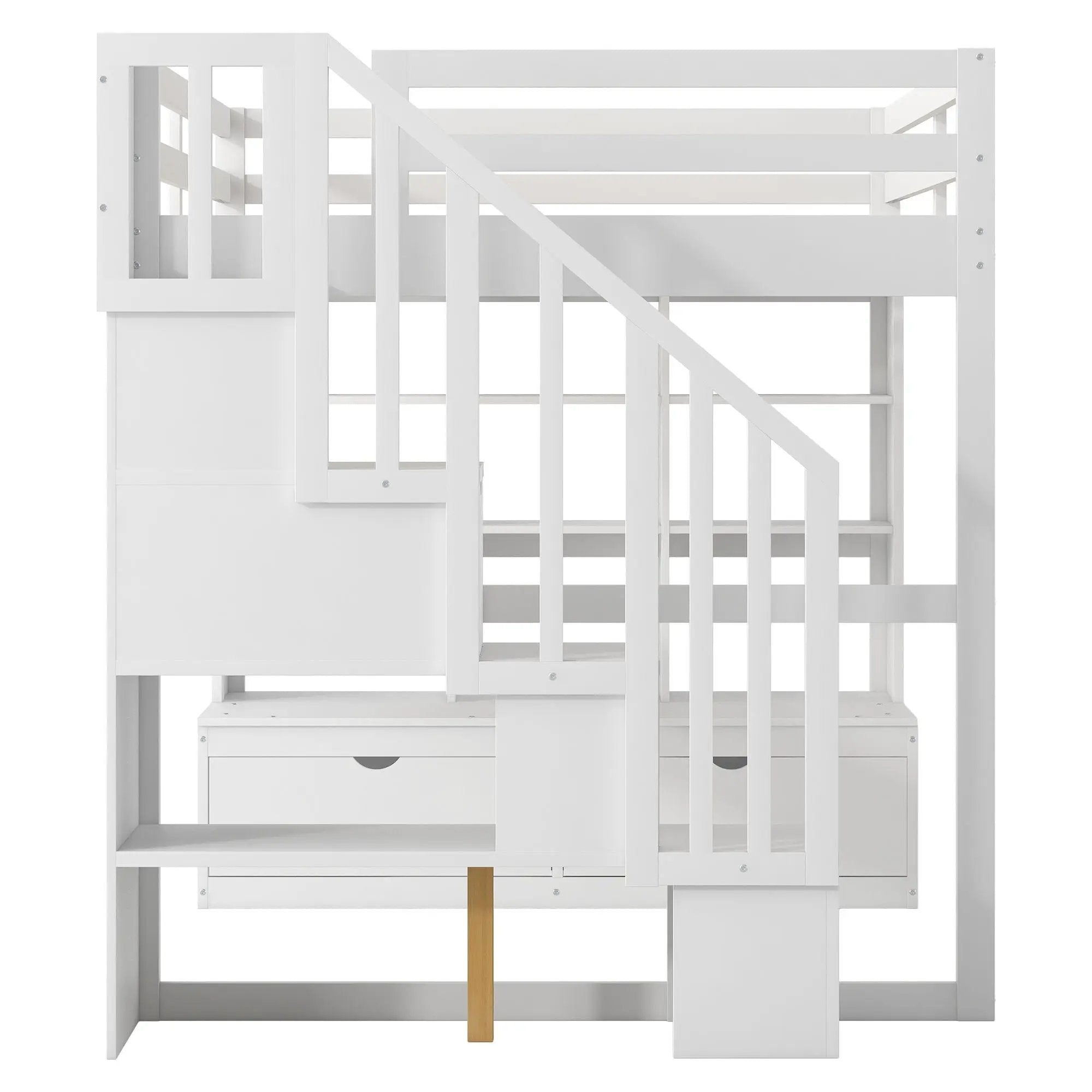Full Size Loft Bed With Desk And Shelves, 2 Built In Drawers, Storage Staircase - White by HouseOfZazla