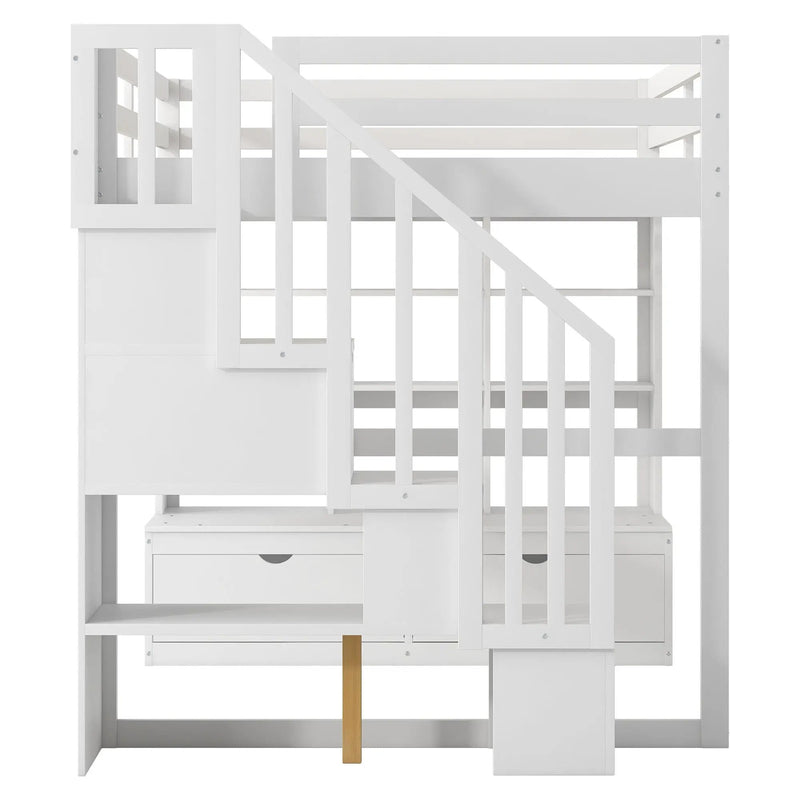 Full Size Loft Bed With Desk And Shelves, 2 Built In Drawers, Storage Staircase - White by HouseOfZazla
