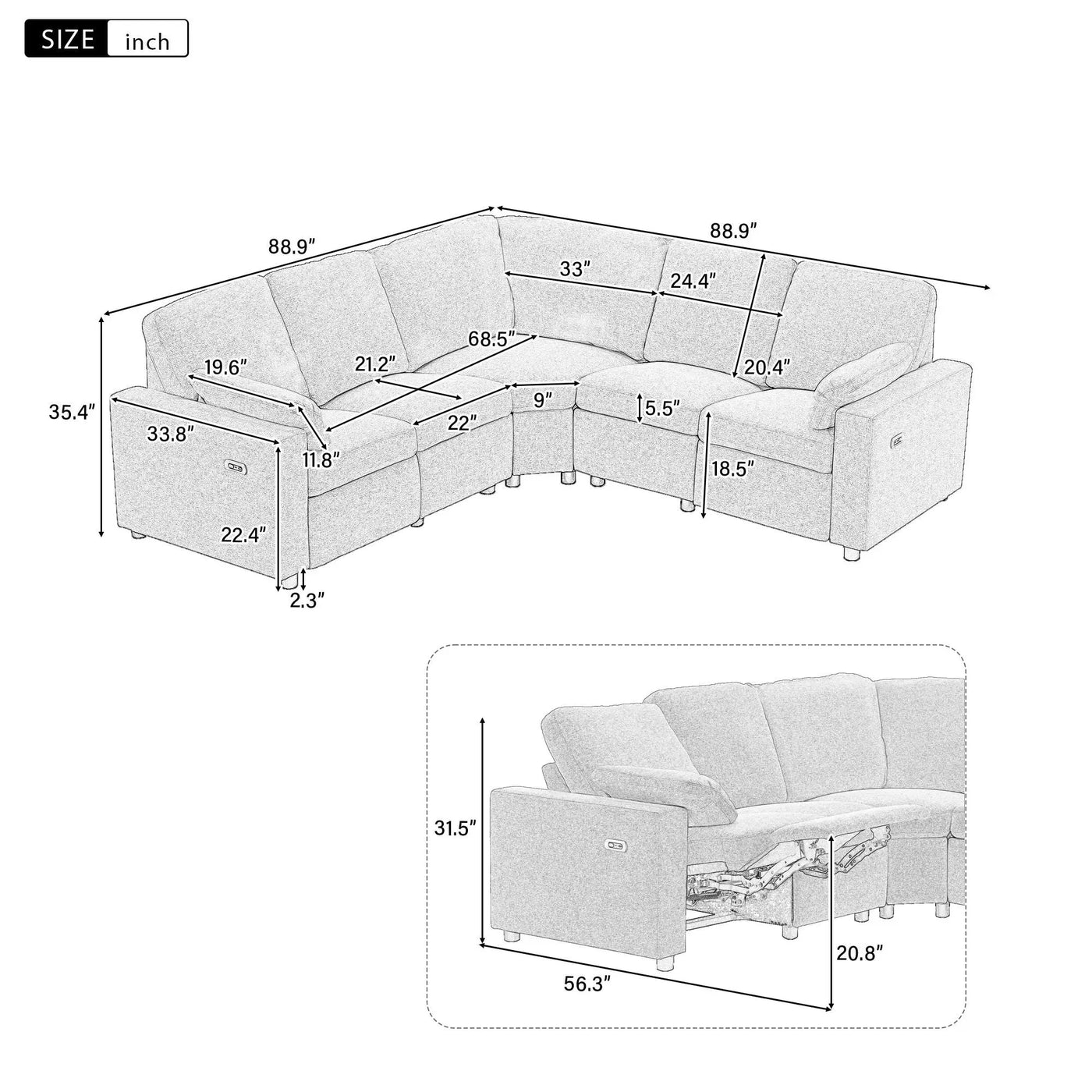 Power Recliner Sectional Sofa Home Theater Reclining Sofa With Two USB Ports, Two Storage Drawers For Living Room by HouseOfZazla